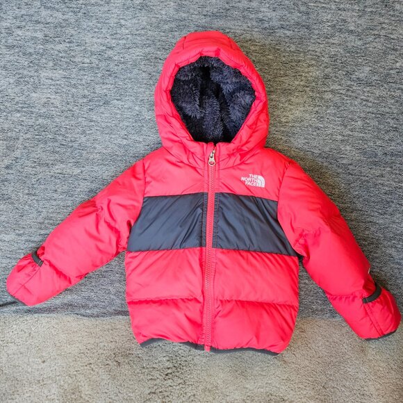 Baby North Face 550 Down Infant Hooded Jacket Size 18-24 Months Pink Gray Sherpa - Picture 1 of 11